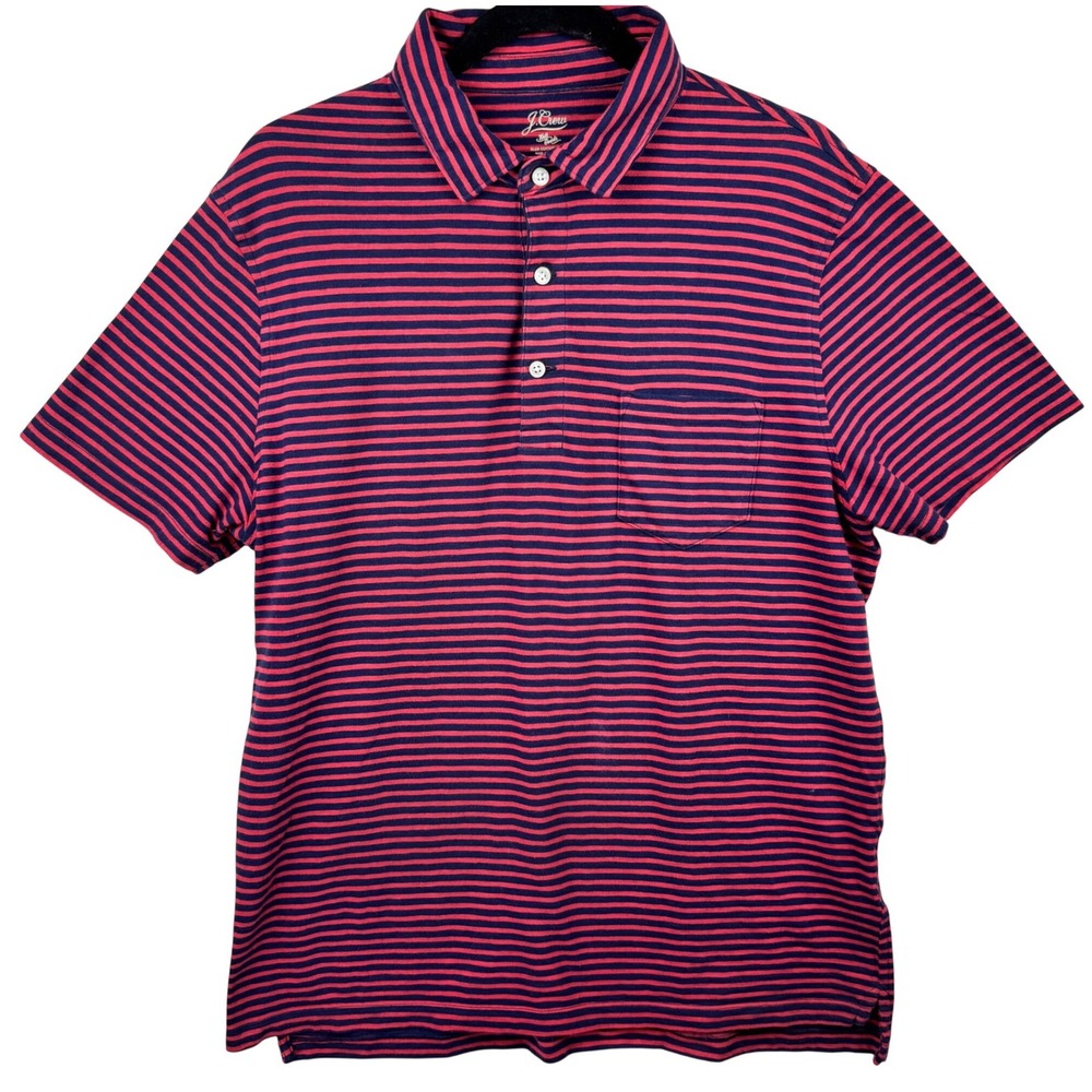 J.Crew Polo‎ Shirt Mens Large Navy Red Striped Slub Cotton Knit Pocket Nautical